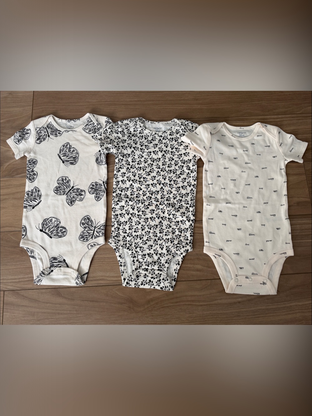 Neutral Butterfly & Floral Baby Onesie Trio - Black on Cream